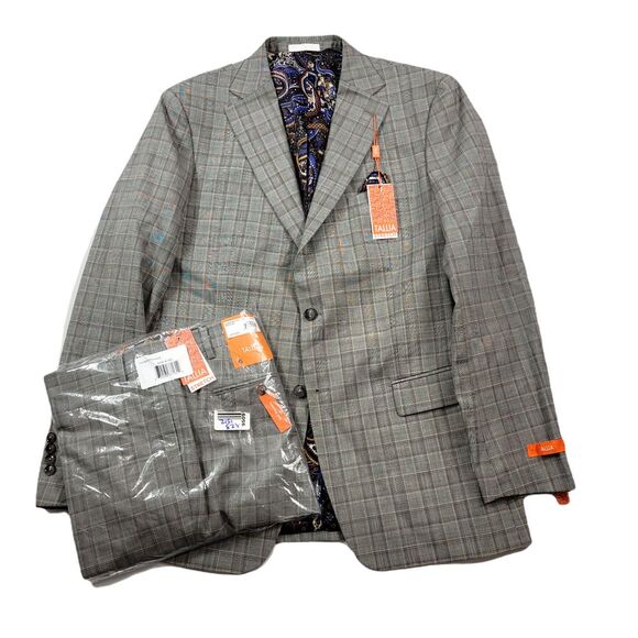 Tallia Slim-Fit Wool Suit‎ Mens 44L 2 Piece Cream Brown Pants 40x32 $600 - Picture 1 of 13